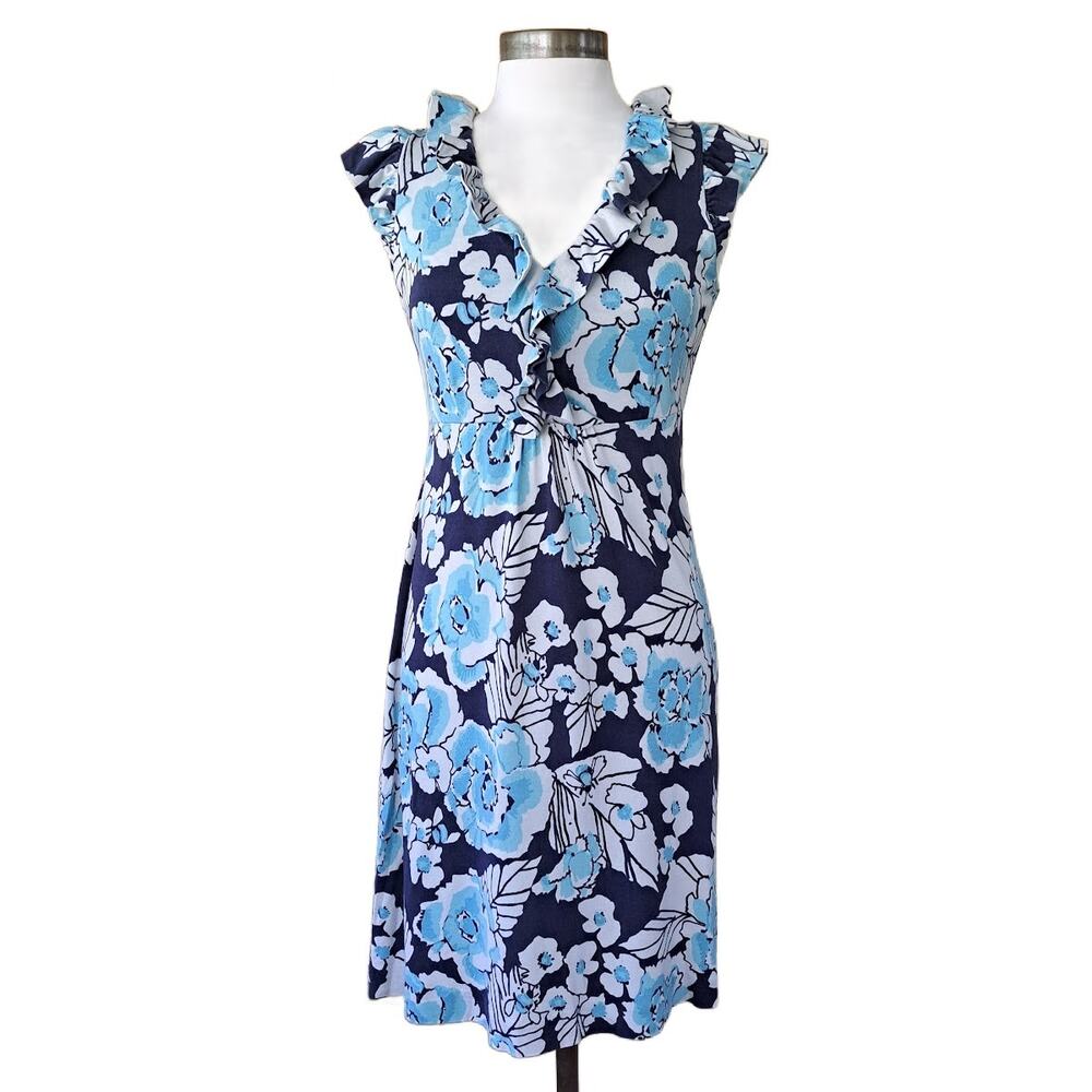 Lilly Pulitzer Clare Ruffle Dress Size Small Silk Jersey Navy Blue White